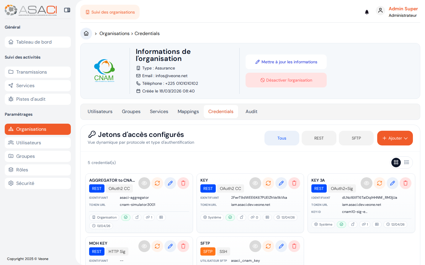 Credentials configurés