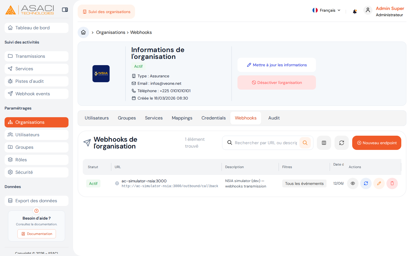 Onglet Webhooks d'une organisation
