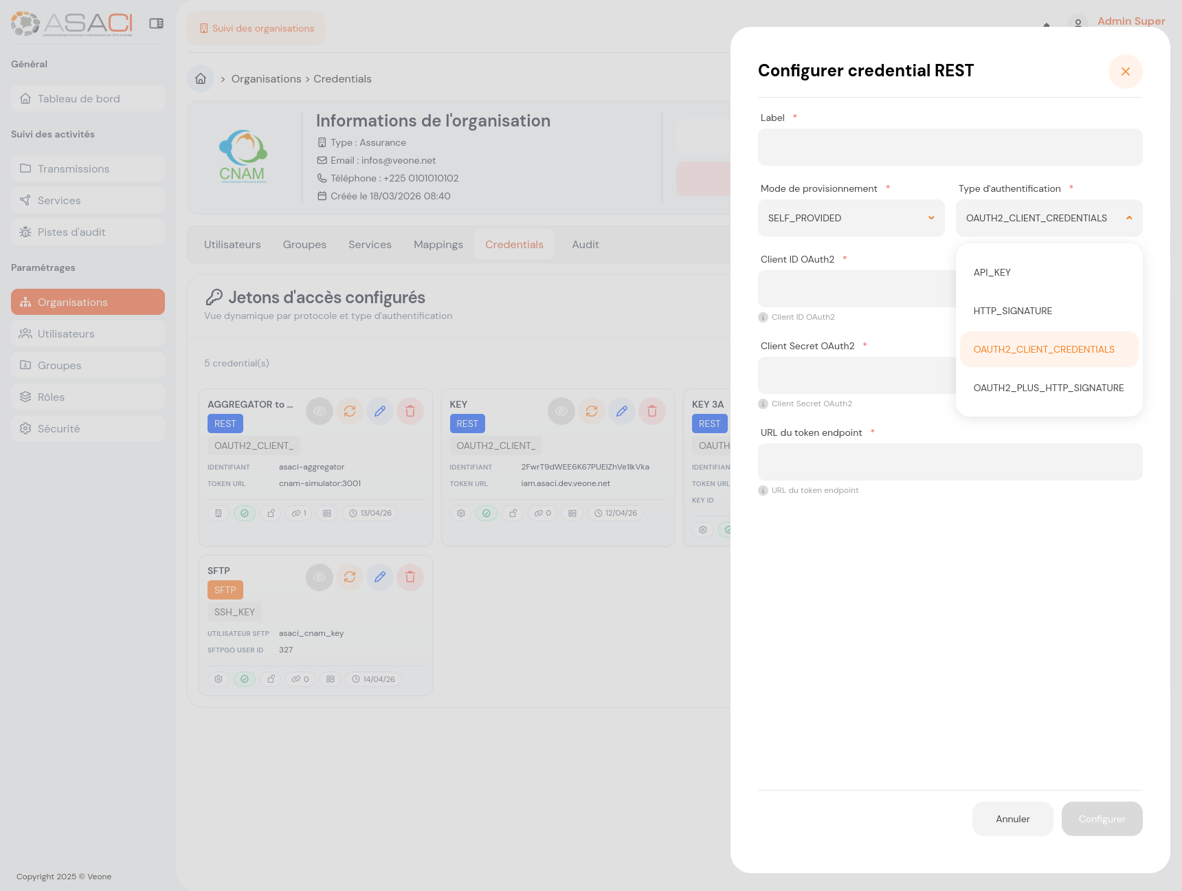 Drawer de configuration d'un credential REST