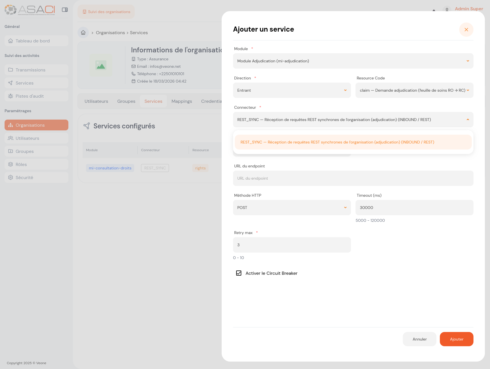 Drawer « Ajouter un service » — flux entrant