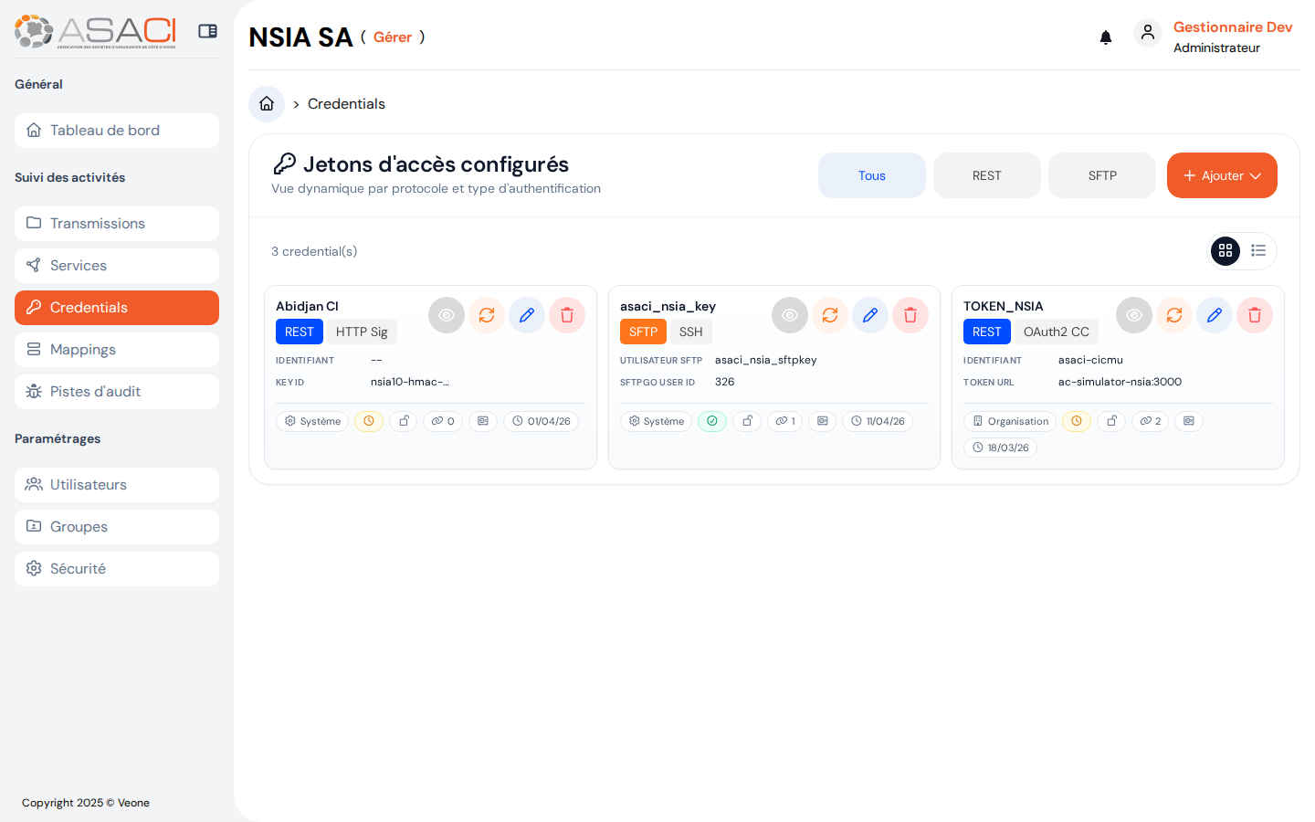 Credentials configurés
