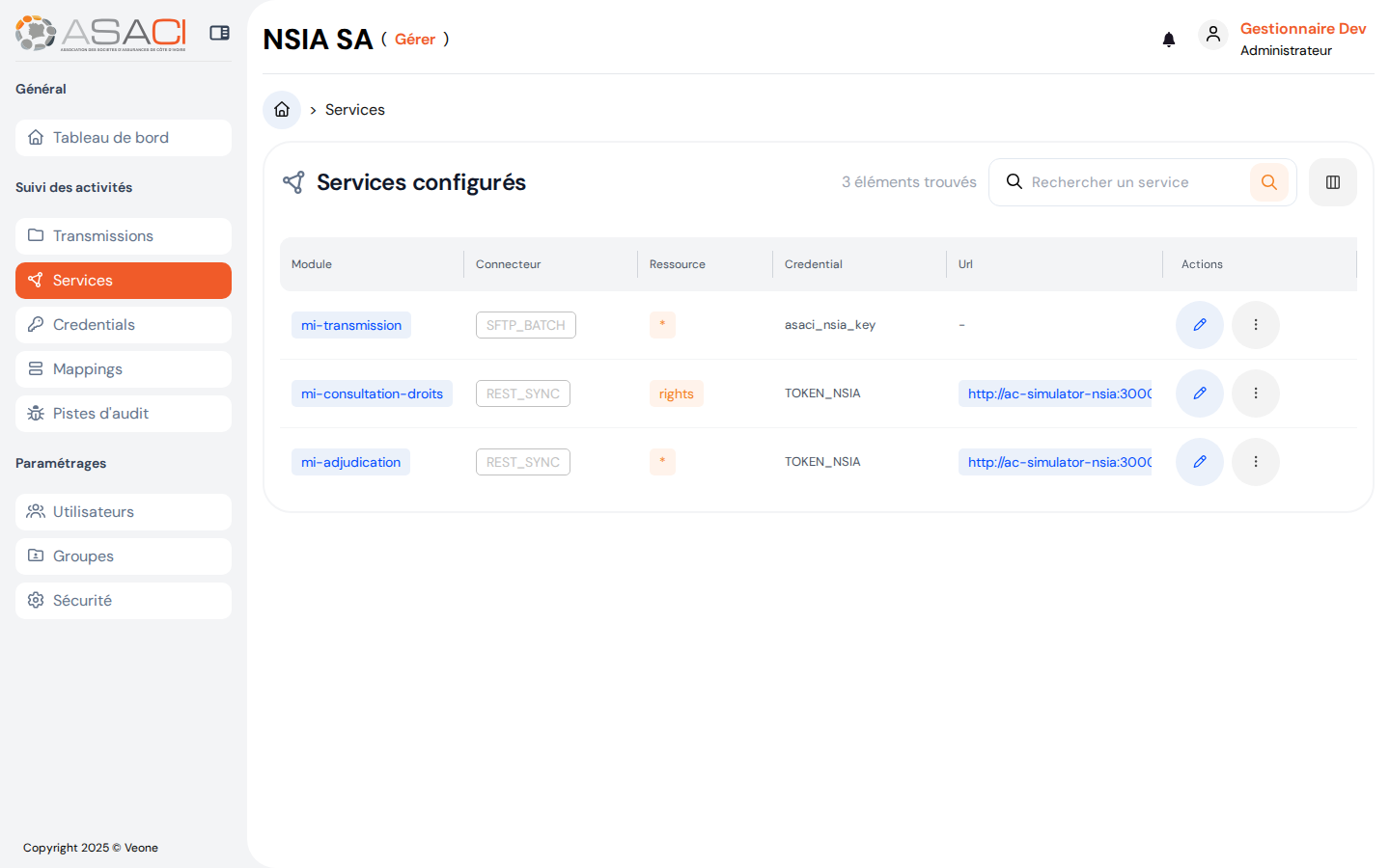 Services configurés